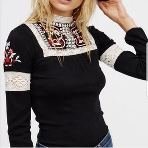 Free People Cozy On Up Embroidery Beaded Long Sleeve Top Size M